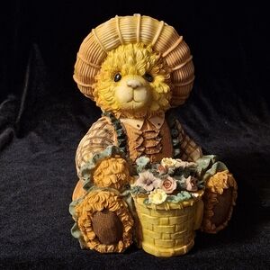 Vintage Cottagecore Garden Teddy Bear Piggy Bank With Flower Basket